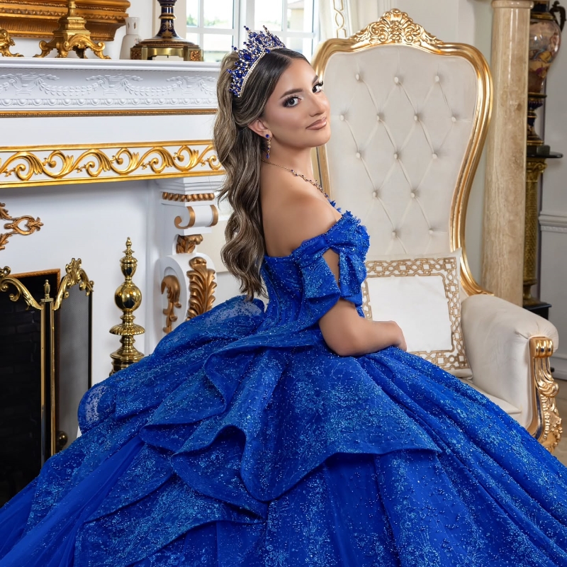 Royal Blue Shiny Quinceanera Dresses Ball Gown Sequin Applique Lace Beading Crystal Tulle Lace-Up Party Princess Sweet 16 Dress Vestido De 15 Anos