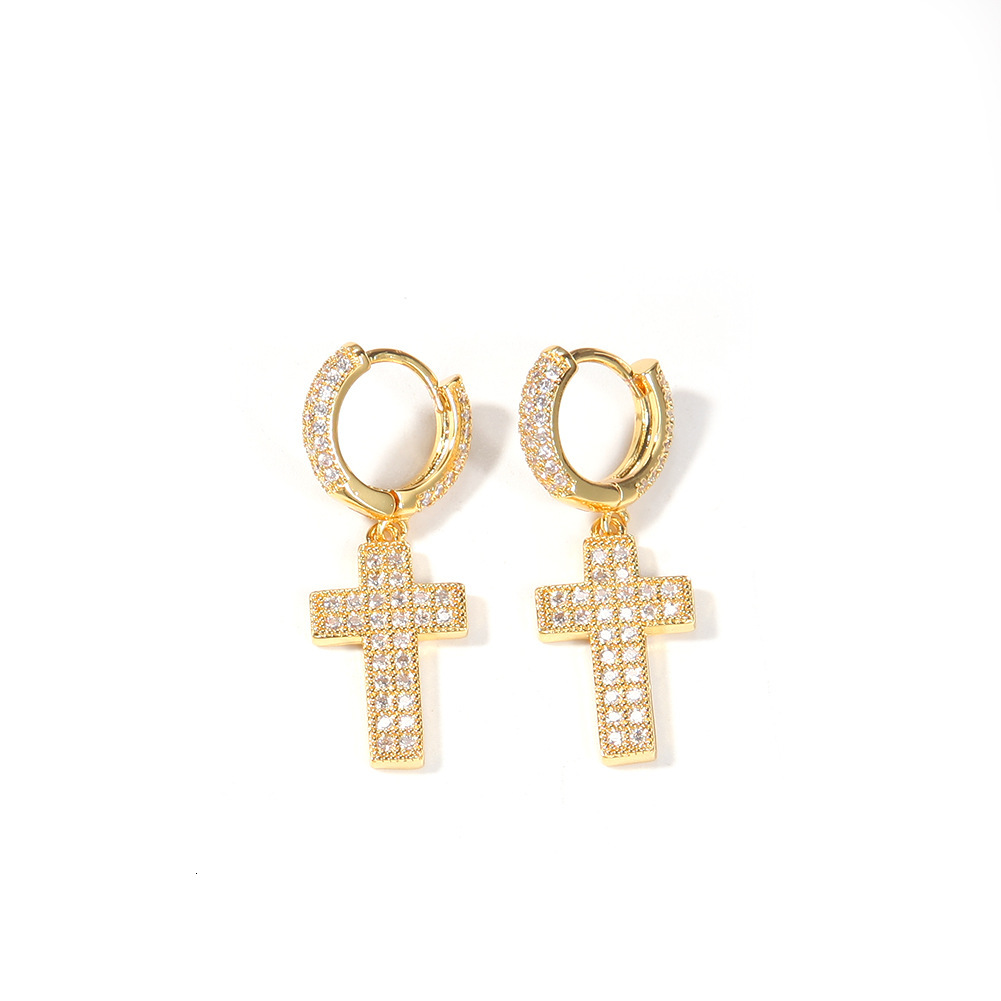 Hip Hop 14k Gold Shiny Cubic Zircon Cross Dangle Huggie Hoop Earrings Fine Quality Full Iced Out Cz Stones Jewelry Accessories Earring Pendientes Cruz