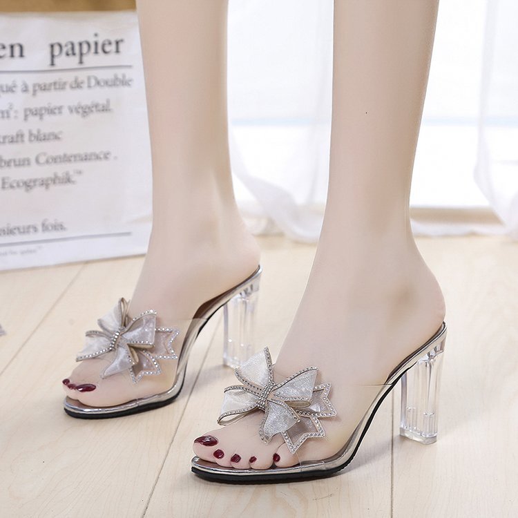 Cool Slippers Ddmywed For Women Wearing Thick Summer High Transparent One Line Crystal Heels Semi Trailer Bow Chinese Brand Shoes F Ddmysaturn
