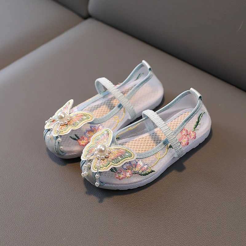 Hanfu Embroidered Shoes Baby Girls Vintage Chinese Sle Dance Shoes Butterfly Beading Mesh Ruffles Toddler Childrens Flats W241228