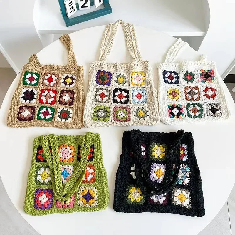 Women Boho Woven Tote Summer Beach Handbag Floral Handmade Weaving Shoulder Bags Hand Crochet Bag Flower Stitching Shopper Bag 241227