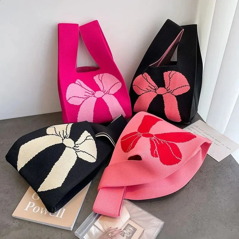 Women Handmade Knot Wrist Bag C Bowknot Knit Handbags asual Small Bow Tote Girls Reusable Shopping Bags 241227