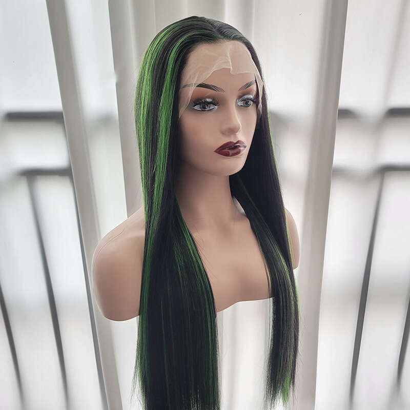 13 * 4 Women's Synthetic Front Lace Mid Split Long Straight Wig Black Green Mixed Color Kq2 Kq2