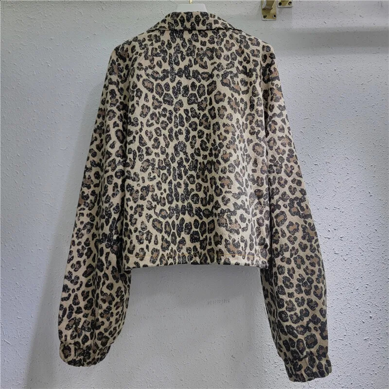 DEAT Womens Denim Coat Patchwork Leopard Printed Long Sleeve Zipper Turn-down Collar Jackets 2025 Fashion Spring 33A 241223
