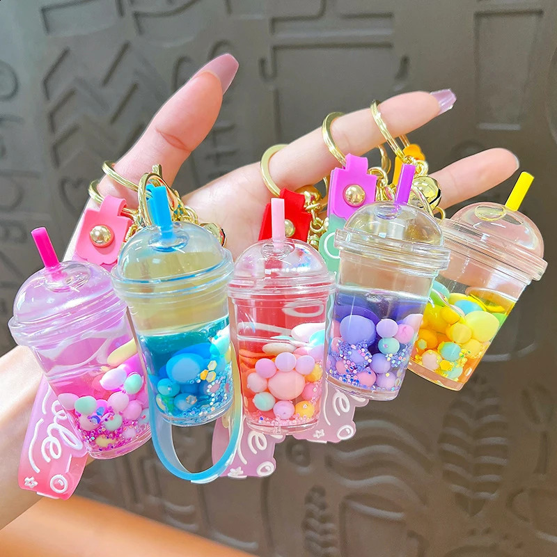 Cute Liquid Pearl Milk Tea Cup Key Chain Creative Quicksand Floating Jelly Bean Keyring Backpack Pendant Keychain Gift For Women 241224