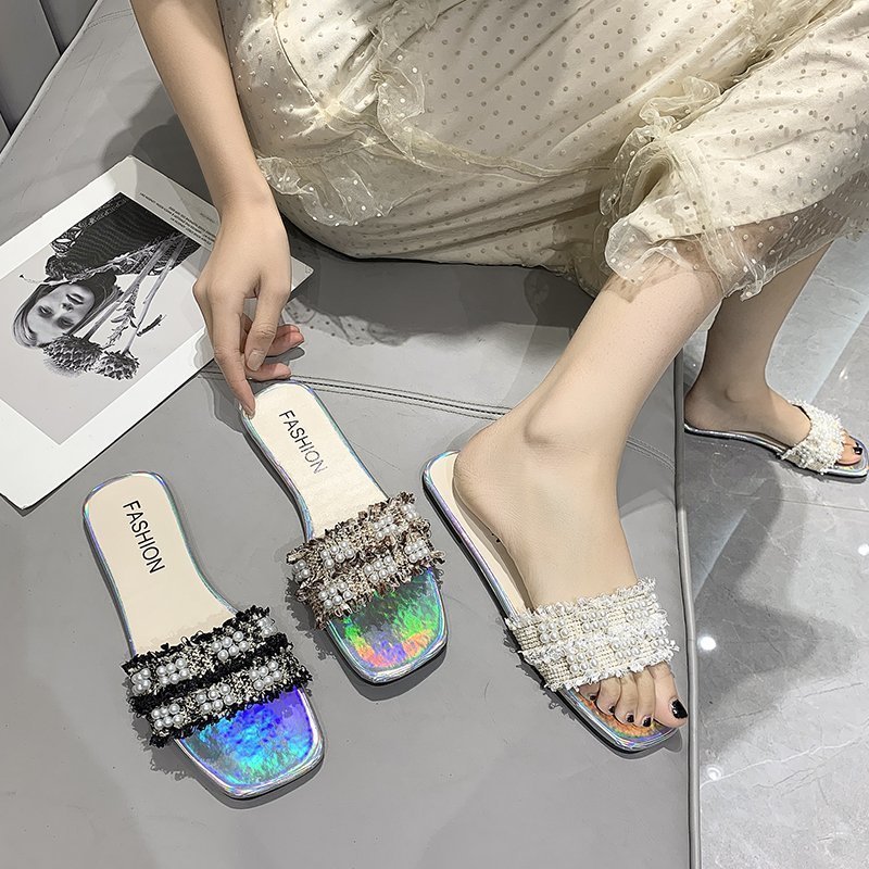 Women Slippers Pearl Design Fashion New Trendy Korean Version Flat Bottom Versatile Triple Black Beige Brown Plus Size Free shipping