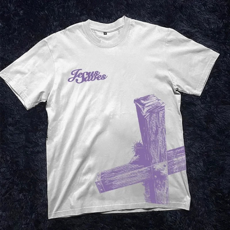 Jesus Saves Cross Print Graphic 100 Cotton TShirt Men Y2K Summer Short Sleeves Vintage Oversize Tshirt Streetwear Women Tops 241227