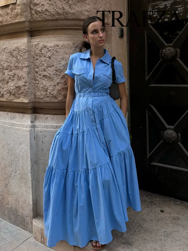TRAFZA Women Fashion Long Dresses Solid Turn-Down Collar Short Sleeves Belt Single Breasted Female Summer Elegant Dress 2 Color 241227