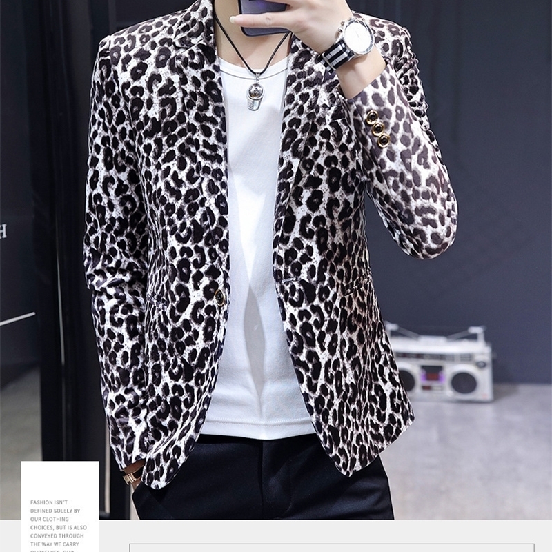 HOO L Mens Casual Thin Handmade Slim Leopard Print Jacket 241227