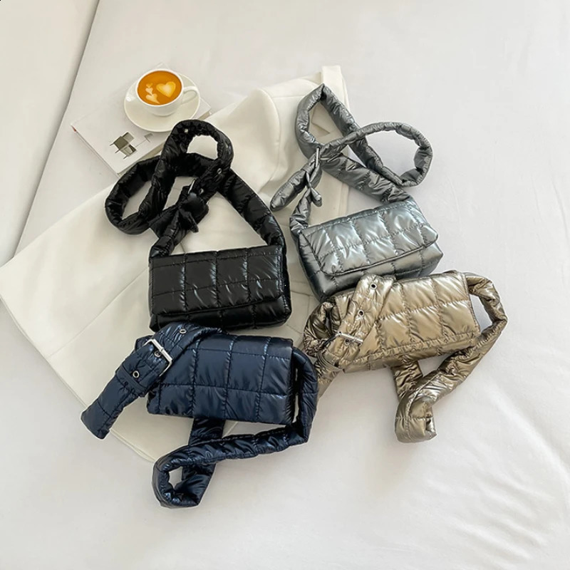 Fashion Quilted Tote Bag Winter Lightweight Warm Down Cotton Padded Plaid Shoulder Bags Women Underarm Bags Puffy Handbags 241227