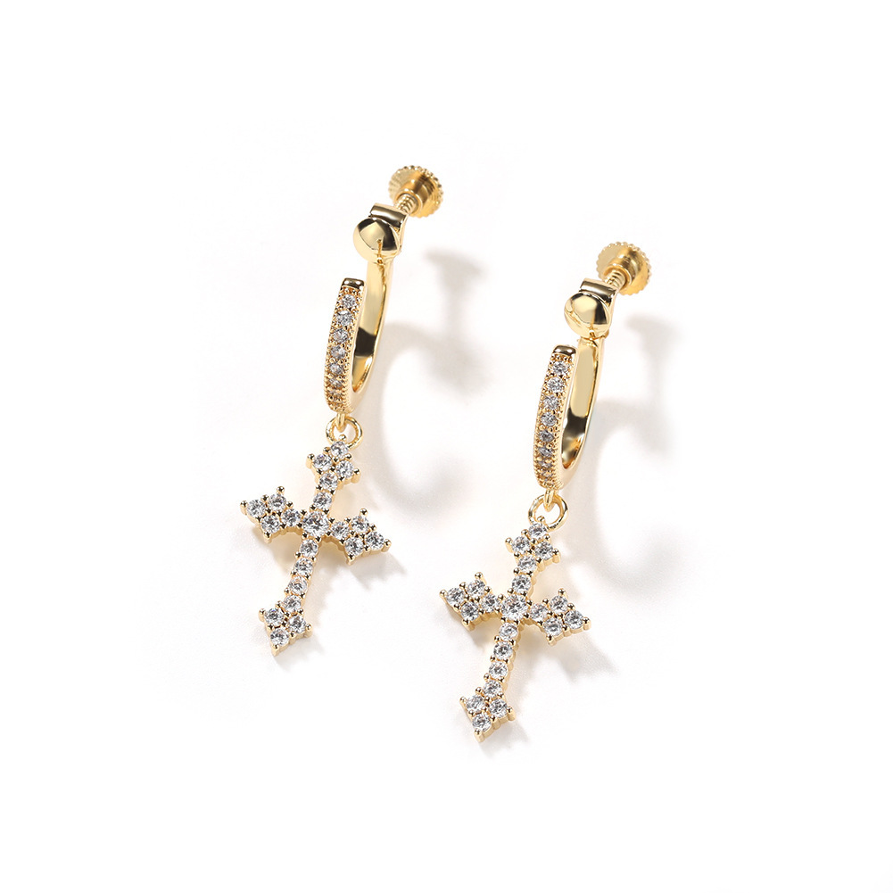 Hip Hop Spiral Buckle Cross Earrings For Men Versatile Street Punk Rock Rapper Ear Ring 14k Gold Prong Cubic Zirconia Nightclub Piercing Earrings Jewe