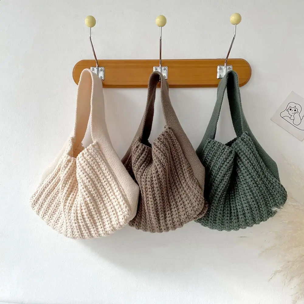 Handmade Knit Handbag Women Mini Knot Wrist Bag Fashion Casual Color Tote Bag Student Reusable Shopping Bags 241227