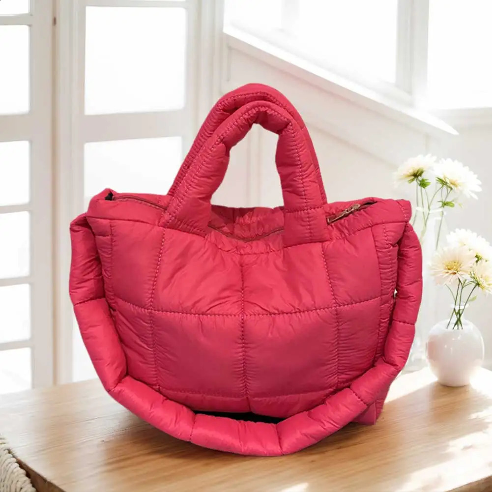 Women Puffer Tote Handbag Large Capacity Quilted Plaid Handbag Solid Color Quilted Top Handle Bag Female Travel Bag 241228
