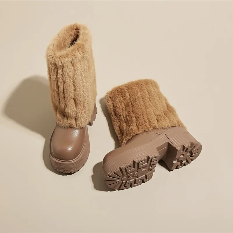 AIYUQI Women's High Heel Boots Wool Platform Women's Middle Boots Genuine Leather Fashion Rider Boots Ladies