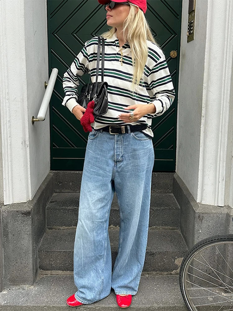 Fashion Stripe Womens T-shirt Casual Long Sleeve Female All Match Polo Shirt Spring Ladies Loose Tops High Street 241228