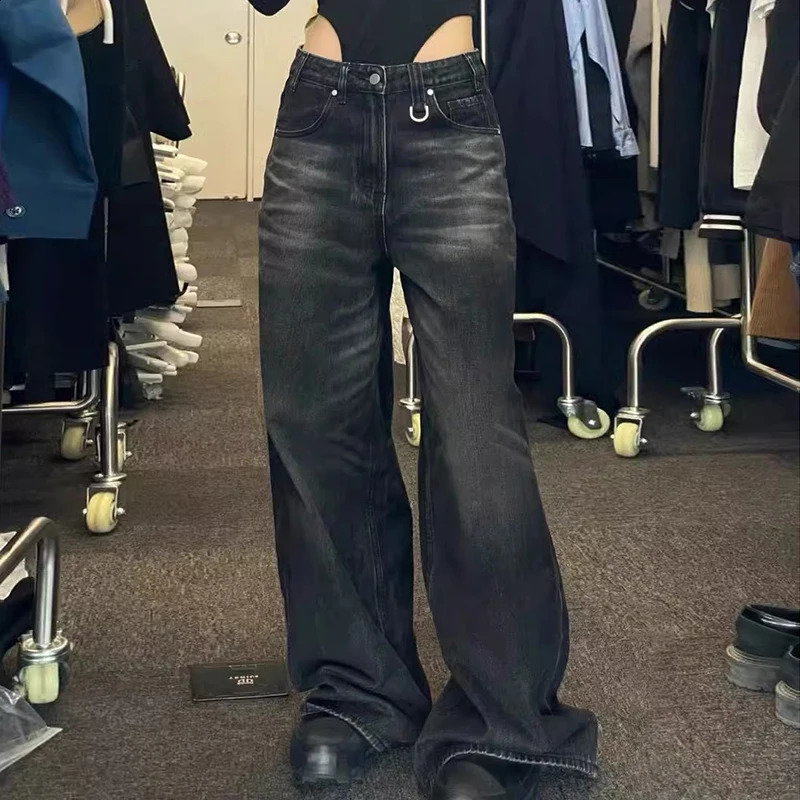 Vintage Black Barrel Jeans Wide Leg Pants Woman Men High Waisted Loose Baggy Female Streetwear Y2K Trousers 241228