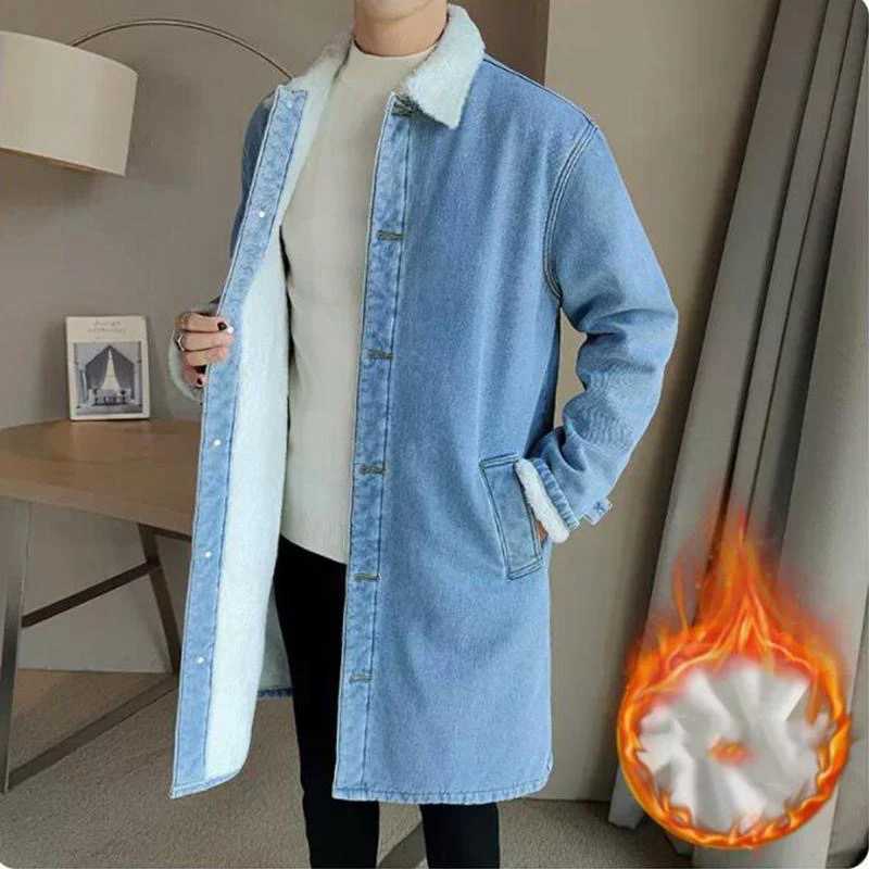 Retro denim trench coat mens mid to long loose top windproof autumn and winter plush thick coat jacket W241228