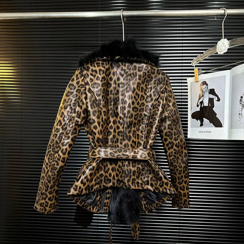 Fashion Waist Cinched Slimming Leopard Print Coat Women Clothing Winter Coat Large Fur Collar PU Leather Jacket for Women 241220