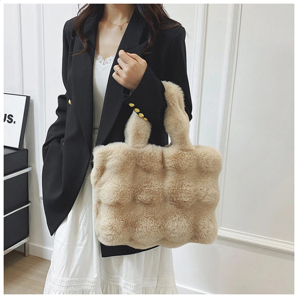 Trendy Women Fluffy Faux Fur Shoulder Bags Autumn Winter Tophandle Handbag Plush Tote Bag Versatile Handheld 250107
