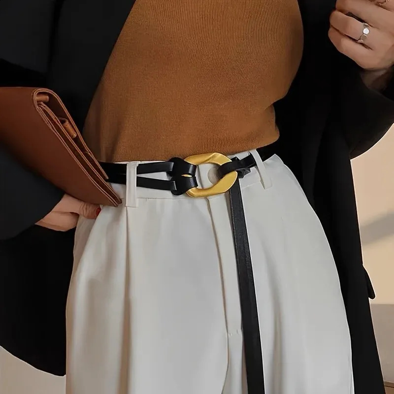 Vintage Double Layer Leather Belt Golden Buckle for Women - Stylish Waistband for Dress Knot Female Waist Chain Thin Belt 241227