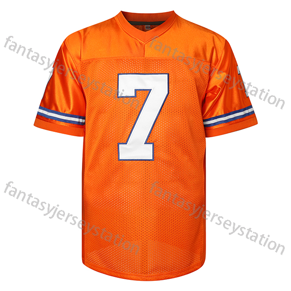 IN STOCK Mens 7 Orange Embroidered Elway Polyester Football Jersey, V-Neck Short Sleeve Sports Top, Loose Fit for Soccer, Cycling, Everyday & Athletic