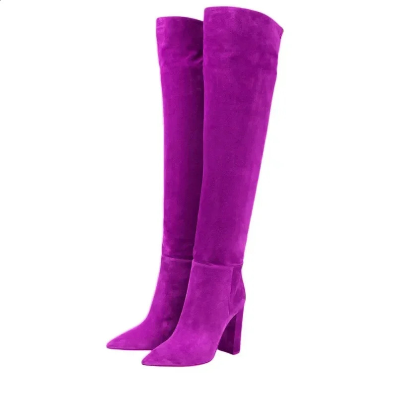 European and American Fashion High Heels Knee High Walking Boots Ladies British Style Versatile Suede Knight Boots 241228