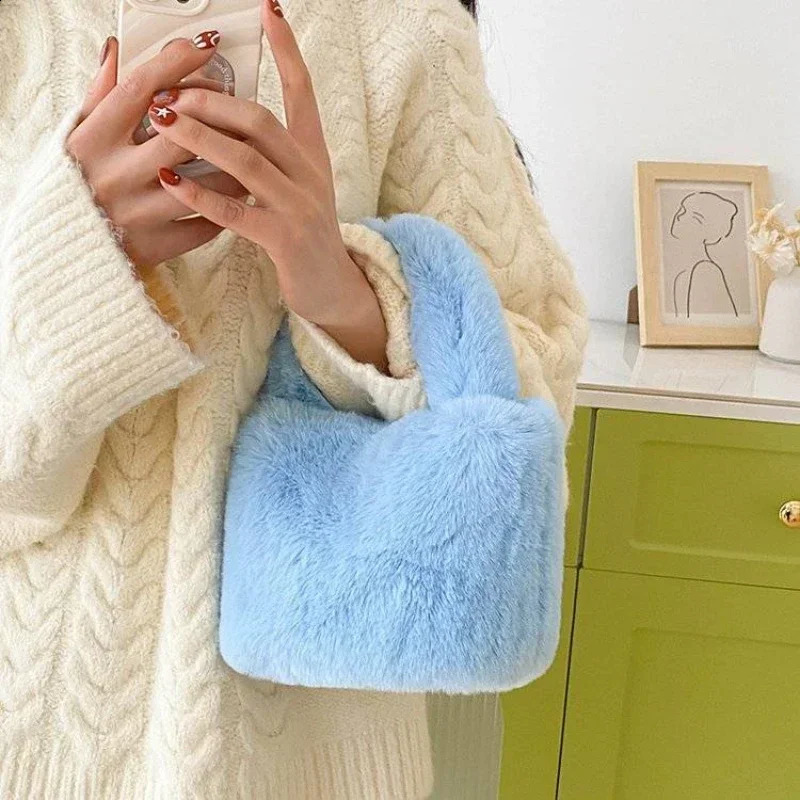 Sweet Candy Solid Color Fur Womens Handbag Simple Soft Plush Ladies Tote Bags Fashion Novel Winter Female Change Purse Bag 241227