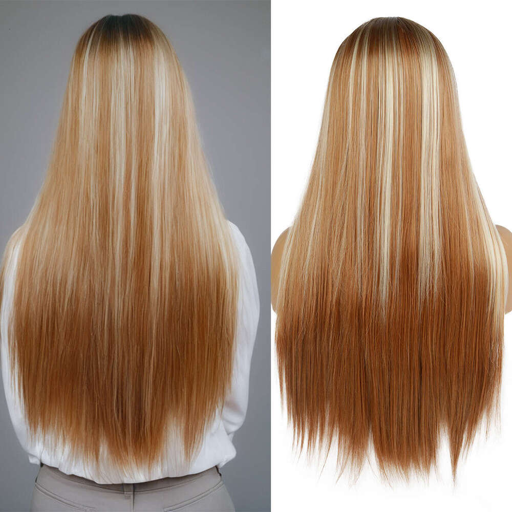 Golden Brown Mixed Color Long Straight Hair Wig For Women, 13 4 * 1 Front Lace Synthetic Full Head Cover Kq2 Kq2