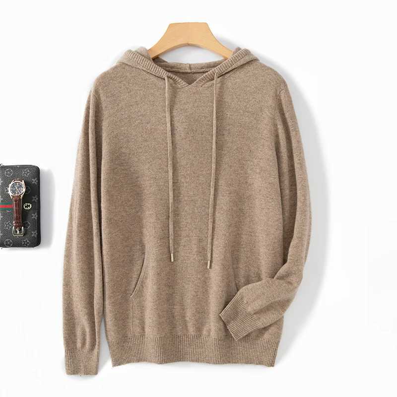 Mens 100% merino wool new V-neck cashmere hoodie thick warm solid color high-end sweater long sleeve business casual pullover i X241228