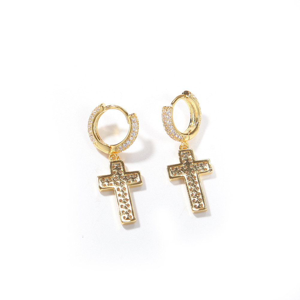 Hip Hop 14k Gold Shiny Cubic Zircon Cross Dangle Huggie Hoop Earrings Fine Quality Full Iced Out Cz Stones Jewelry Accessories Earring Pendientes Cruz