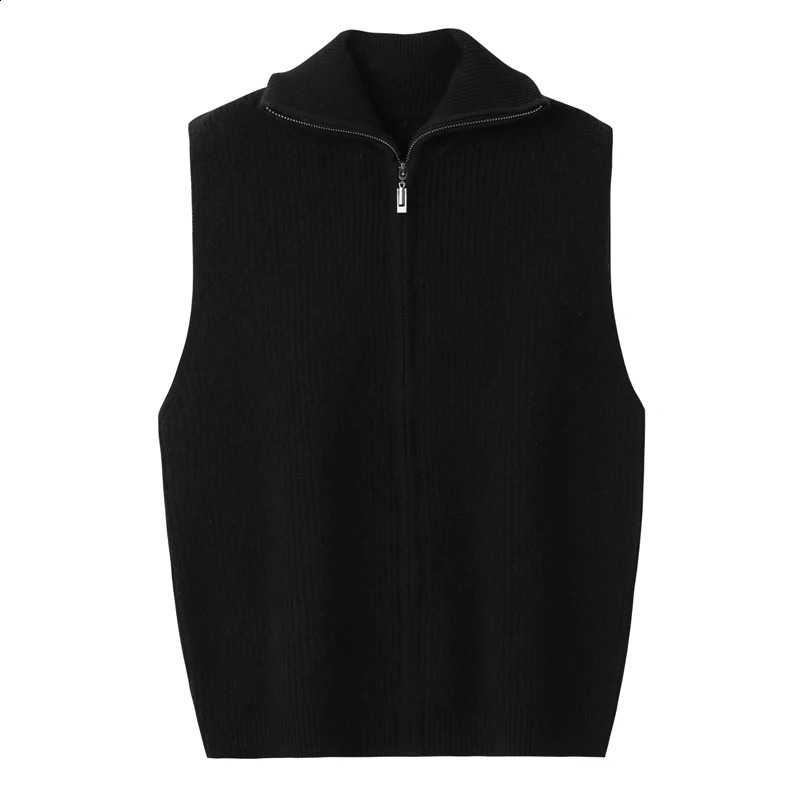Women Cashmere Waistcoat Zippers Mock Neck Sweater Cardigan Autumn Winter 100% Merino Wool Knitted Striped Sleeveless Thick Vest 241228