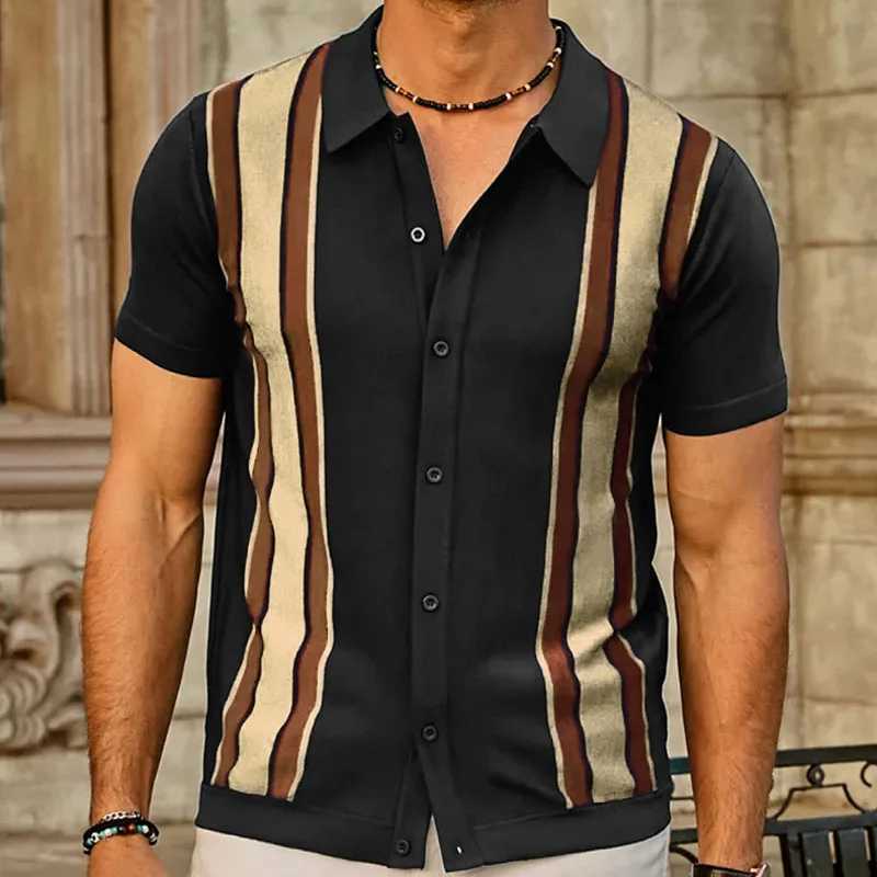 Mens Luxury Knitted shirt Shirt Short Sleeve Button Down Stripe Contrast Color Summer Tops Business T Shirt for Men MY1063 X241228