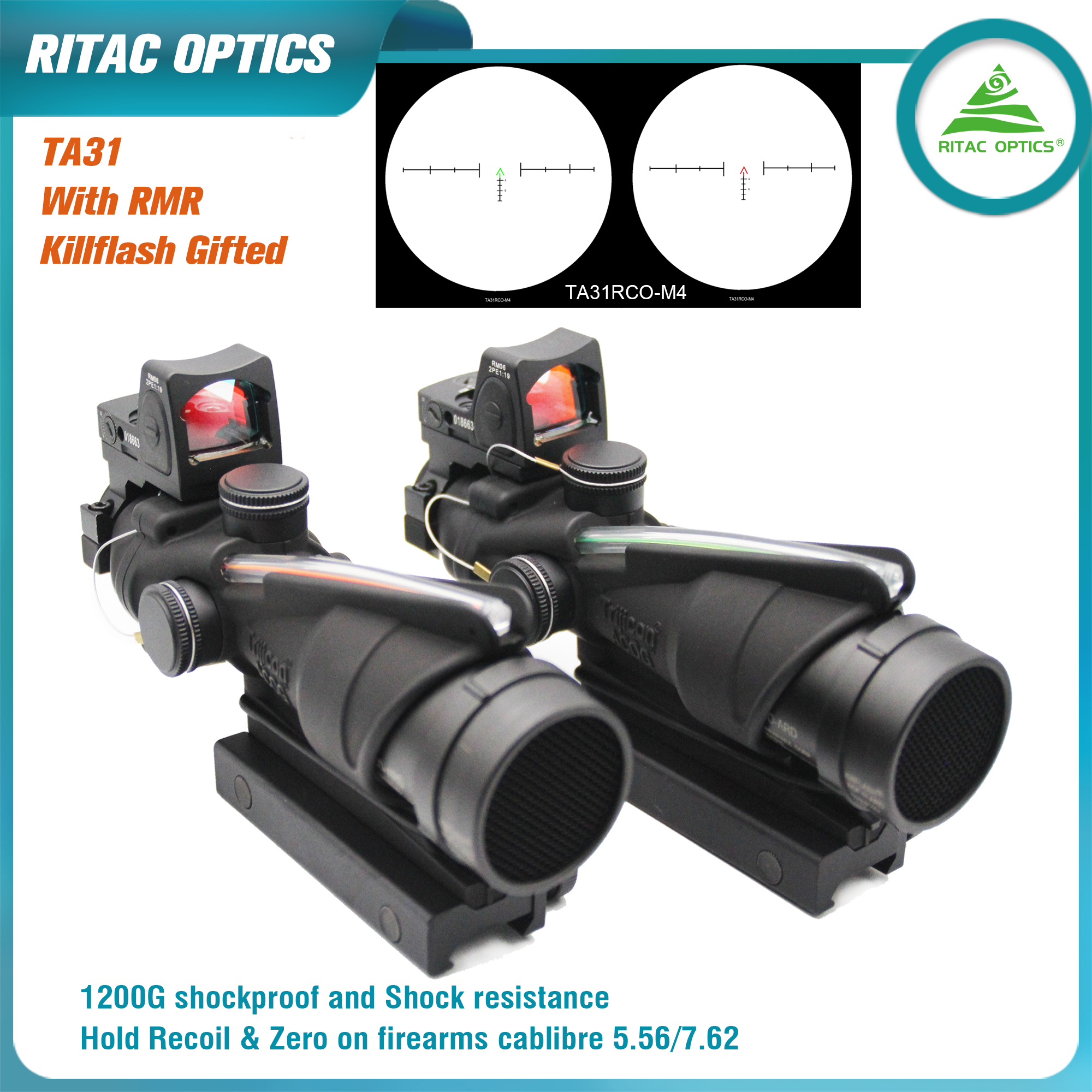 RITAC OPTICS Tactical TA31 M4 reticle 4X32 Scope Sight Real Fiber Optics Red Green Illuminated Riflescope with 20mm for Hunting waterproof IPX7 shock resistance