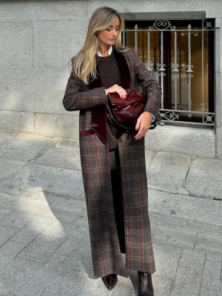 Fashion Plaid Velvet Lapel Overcoats Sleeve Pockets Warm Long Jackets Elegant Lady Single Button Street Outerwears 241227