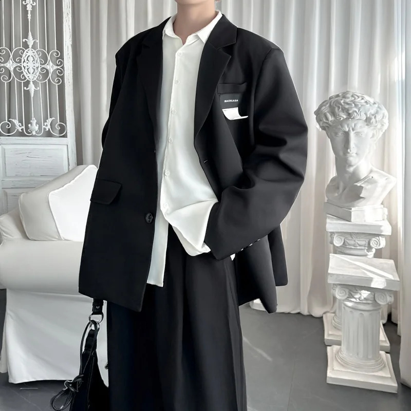 mens casual jacket solid label patch oversized streetwear Korean oversized suit mens jacket 241227