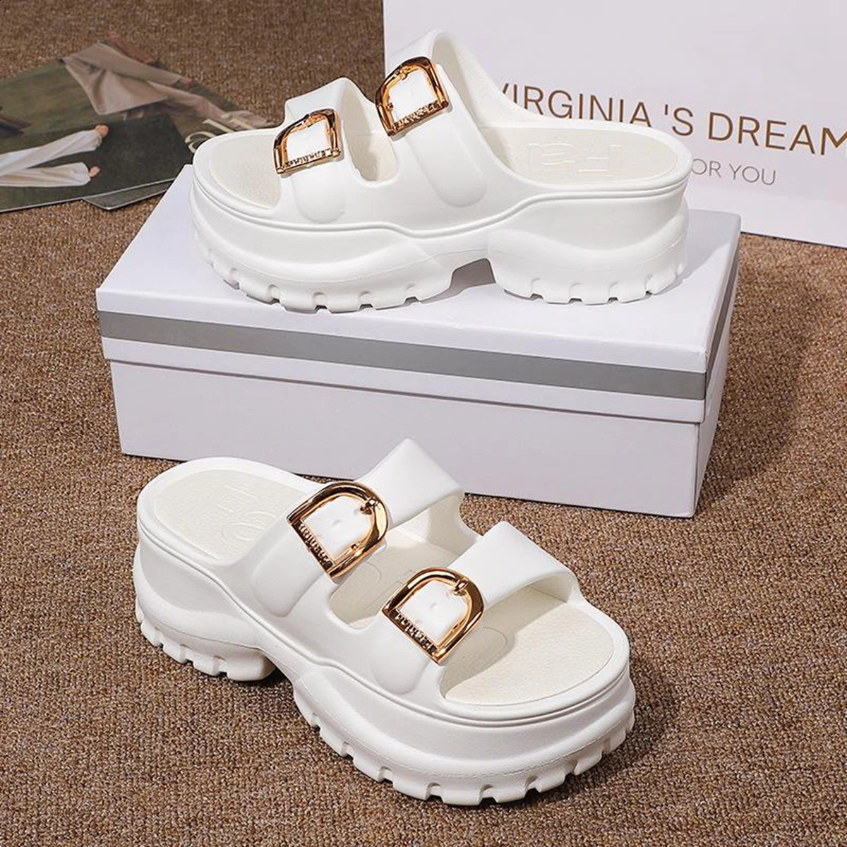 Soft High Heel Slipper Shoes for Women Lady Button Slides Comfortable Summer Sandal Shoes for Women 241228