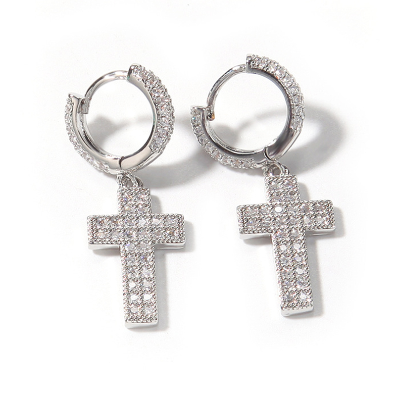 Hip Hop 14k Gold Shiny Cubic Zircon Cross Dangle Huggie Hoop Earrings Fine Quality Full Iced Out Cz Stones Jewelry Accessories Earring Pendientes Cruz
