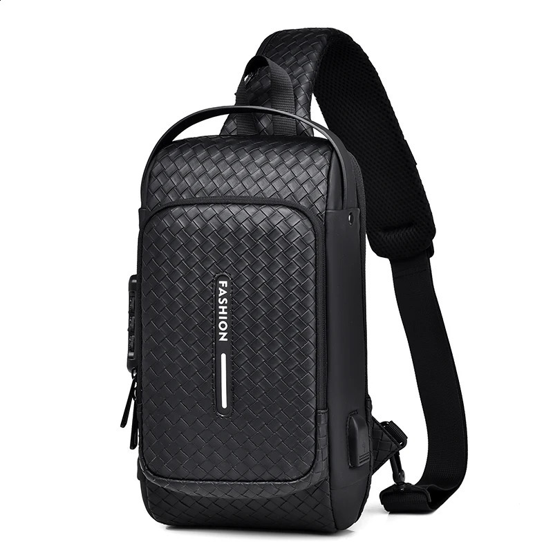 Men Fashion Chest Bag Anti-theft Tape Bag Portable Backpack with USB Charging Port Male PU Shoulder Outdoor Sports Crossbody Bag 241228