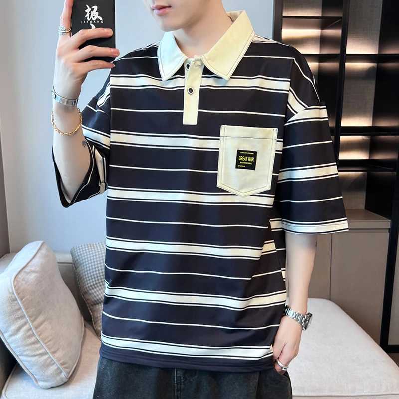 Mens Korean striped patchwork T-shirt summer casual loose half sleeved youthful and energetic shirt shirt X241228