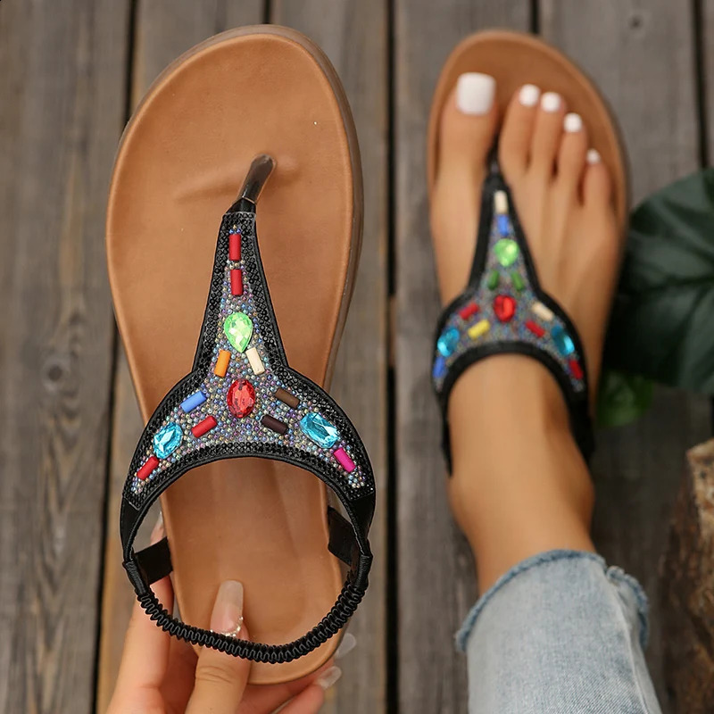 Beaded Decor Bohemian Flat Sandals for Women Summer 2025 Elastic Band Clip Toe Rome Sandals Woman Soft Sole Non Slip Beach Shoes 241228