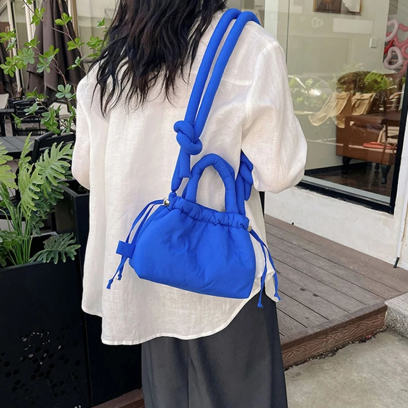 Fashion Small Puffer Tote Bag Padded Women Shoulder Bags Nylon Down Cotton Crossbody Bag Mini Lady Blue Handbags 241227