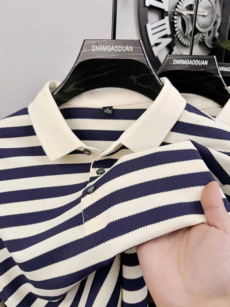 2024 New Fashion Contrast Stripe Long sleeve shirt Shirt Mens autumn High Quality T-shirt shirt Collar Korean Casual Youth Top X241228