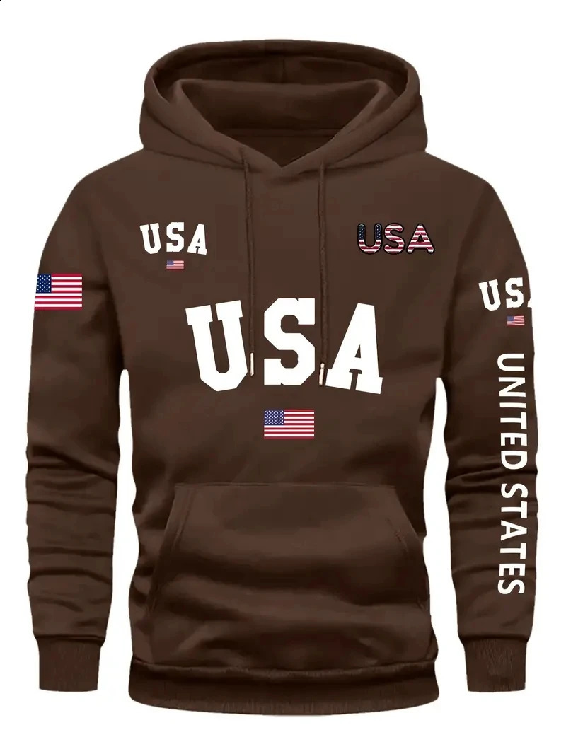 Plus size mens fashionable hoodie long sleeved casual sports style fancy letter American flag print hoodie 241220