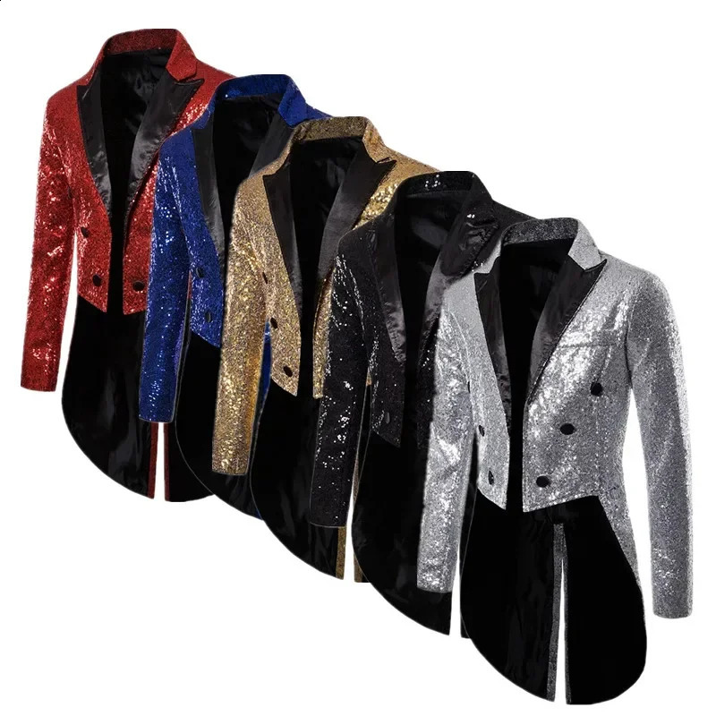 Fashionable mens sequin suit jacket black/red/silver mens business wedding party double chest evening dress jacket 241227