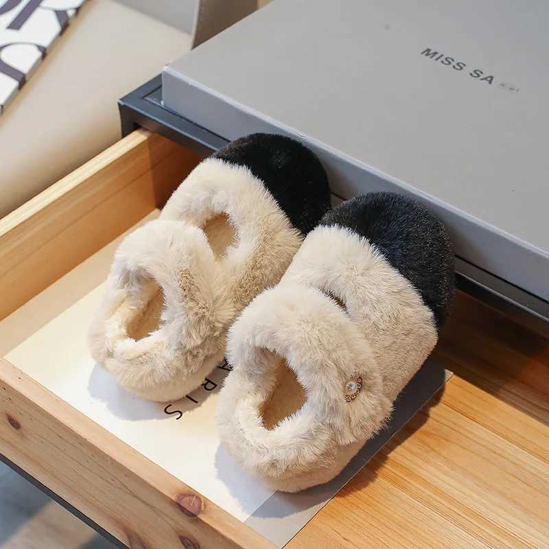 Winter Fur Girls Shoes Fashion Children Princess Flat Shoe Korean Plush Warm Kids Shoe Shallow Mary Janes Chaussure Child Girl W241228