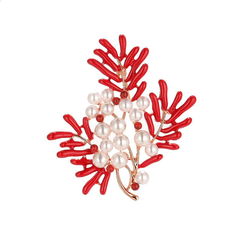 Red Maple Leaf Coral Pearl Brooch Pin for Women Jewelry Christmas Gifts Brooches for Clothing 241227