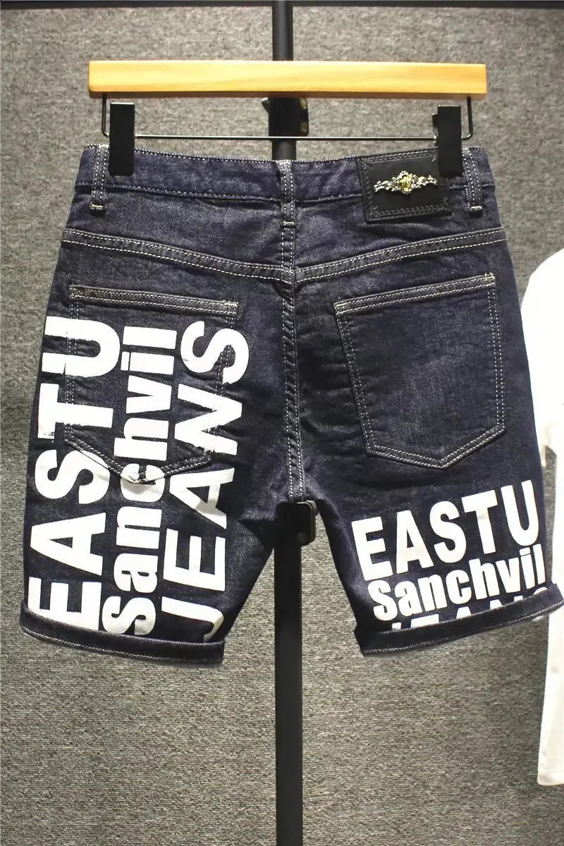 Summer 2023 Korean Letter Printed Fashion Slim Jeans Classic Cowboy Men Casual Blue Boyfriend Street Shorts 241227 - view 5