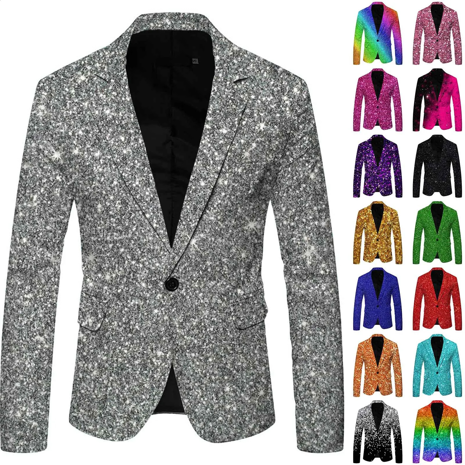 Mens 3D glitter set pocket lapel single button jacket wedding party performance dress mens nightclub jacket 241227