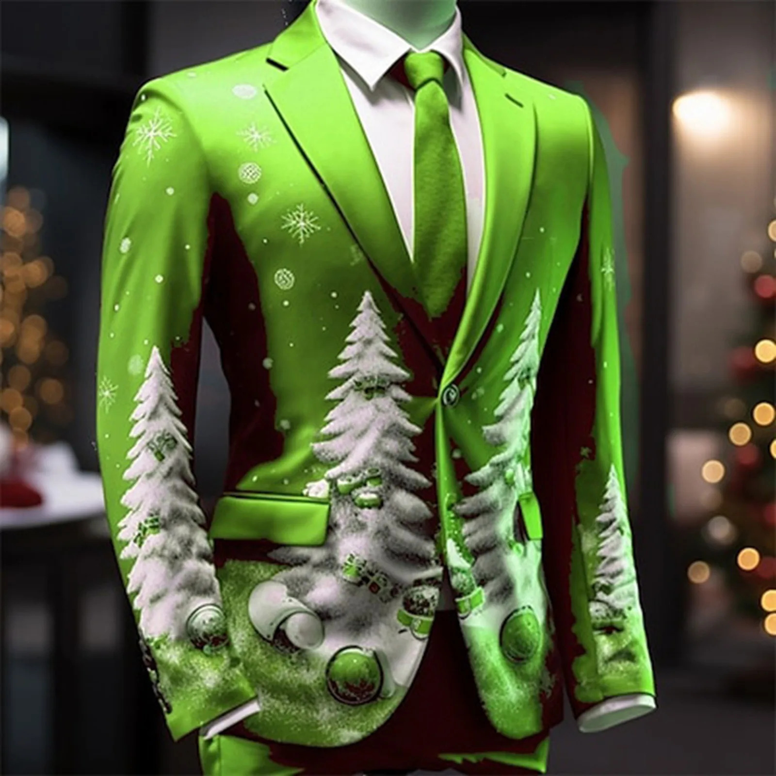 Snowflake print mens Christmas jacket single chest business casual slim fit set jacket outdoor party Christmas set men 241227