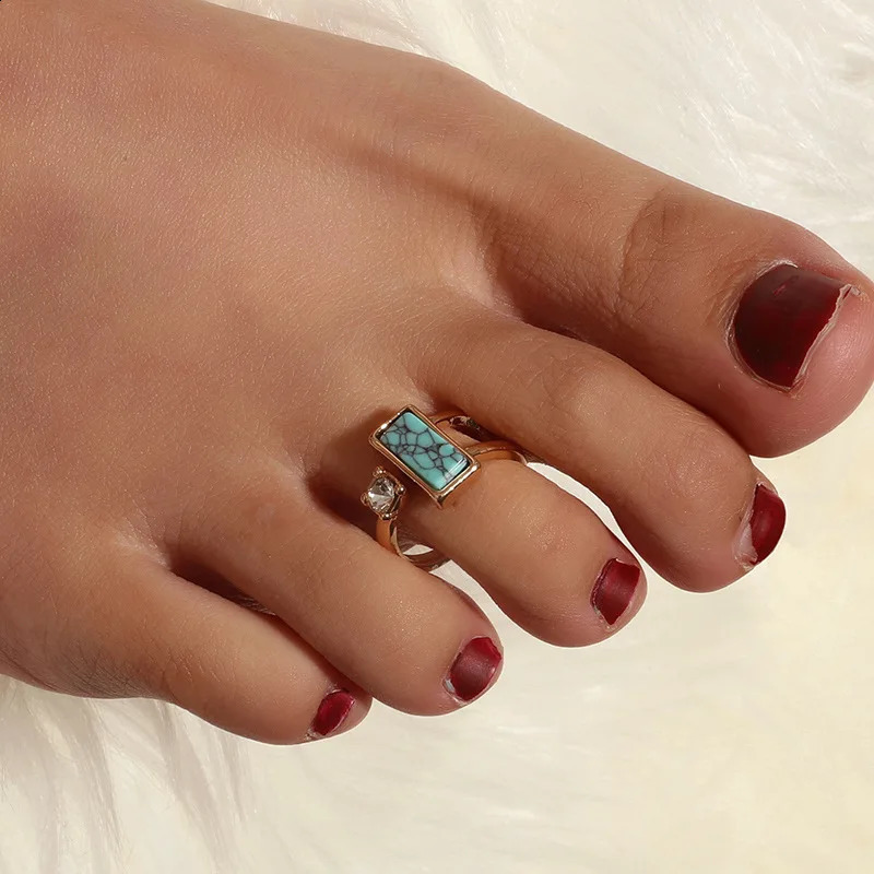 Summer Beach Vacation Knuckle Foot Ring Open Toe Rings for Women Girls Blue Black Stone Geometric Female Adjustable Jewelry 241225